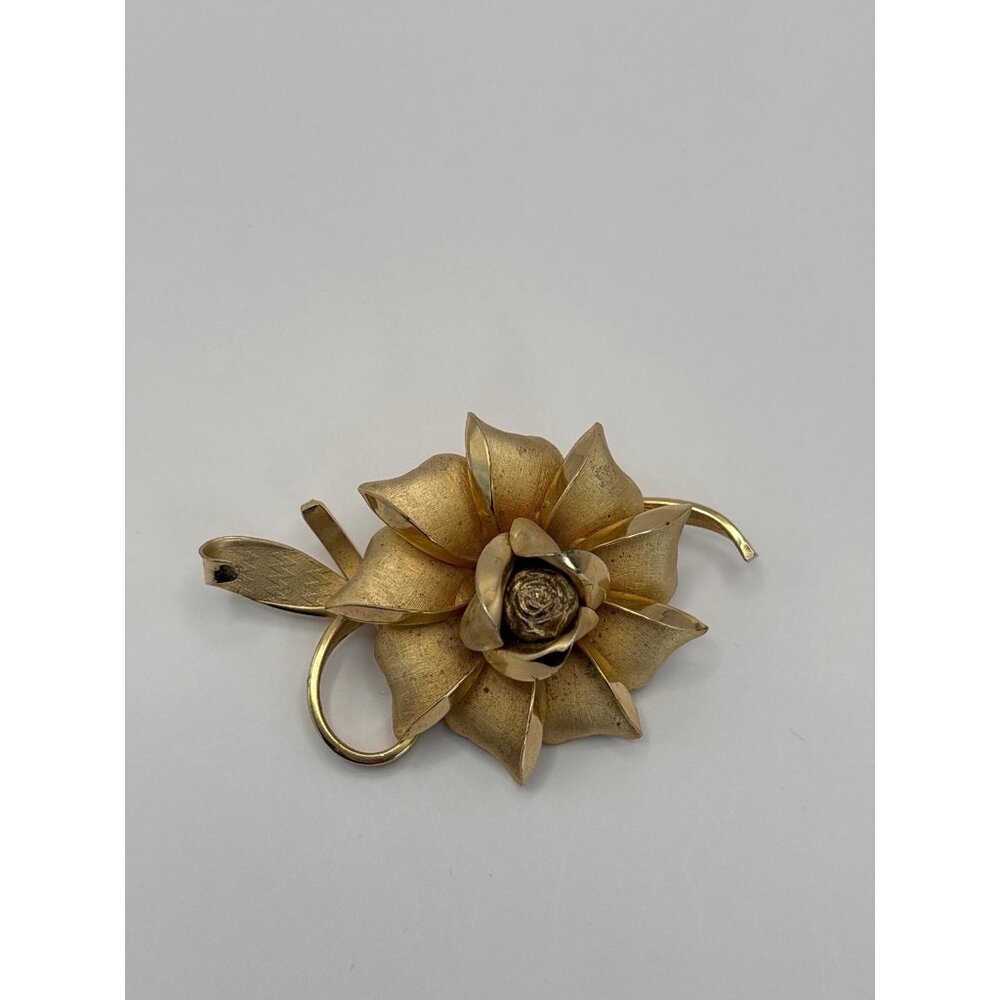 Vintage Gold Tone Flower Rose Brooch Pin Brushed Satin Finish